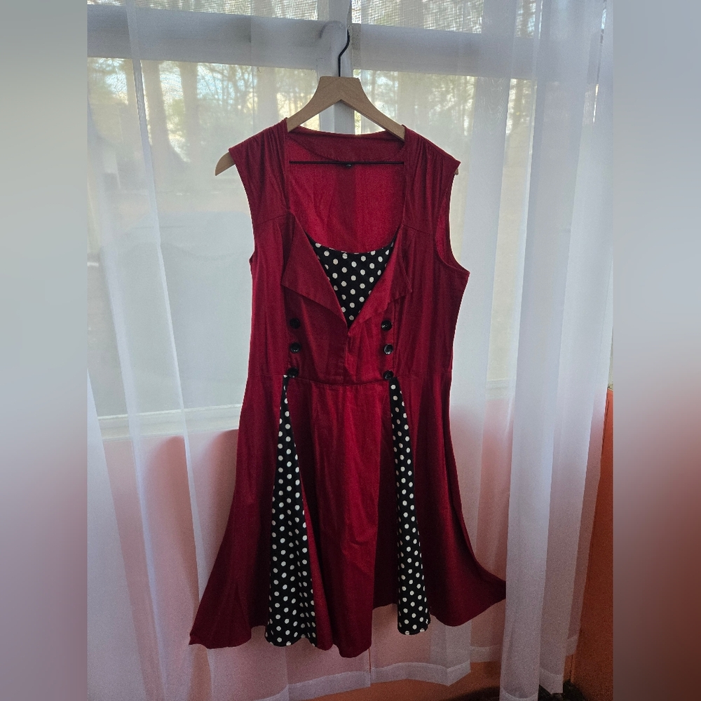 Maroon Polka Dot Trim Sleeveless Fit & Flair Dress